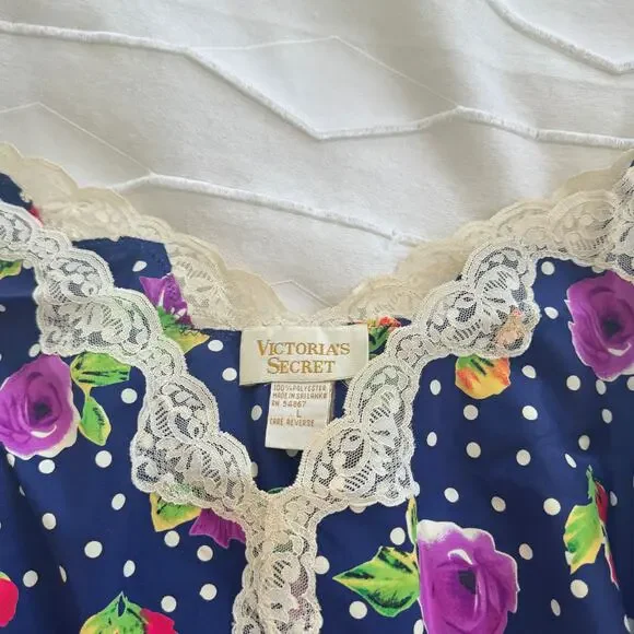 Vintage Victoria's Secret Gold Label Floral Polka Dot Print Cami Slip Size L - Picture 2 of 4